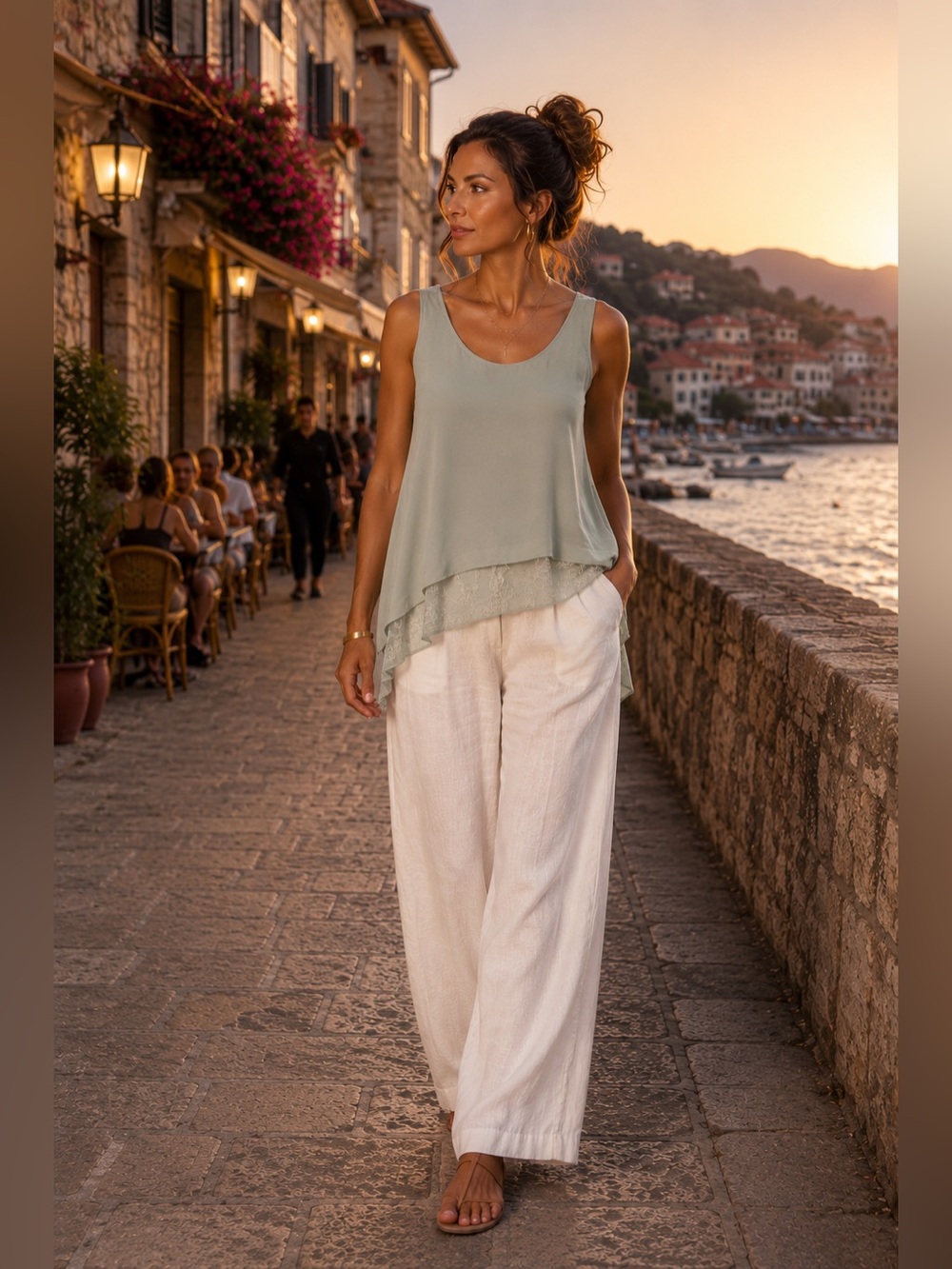 Le Marais Paris Sage Green Layered Silk Blouse M Made in Italy